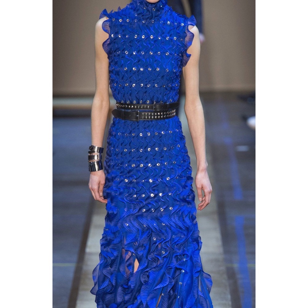Alexander McQueen Blue Smocked & Ruffle SL Gown